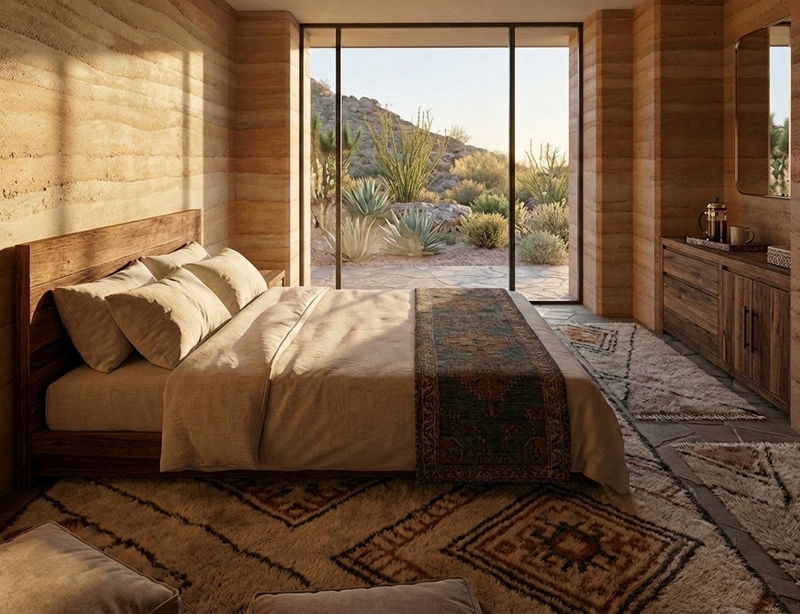 Rammed earth interior with desert view